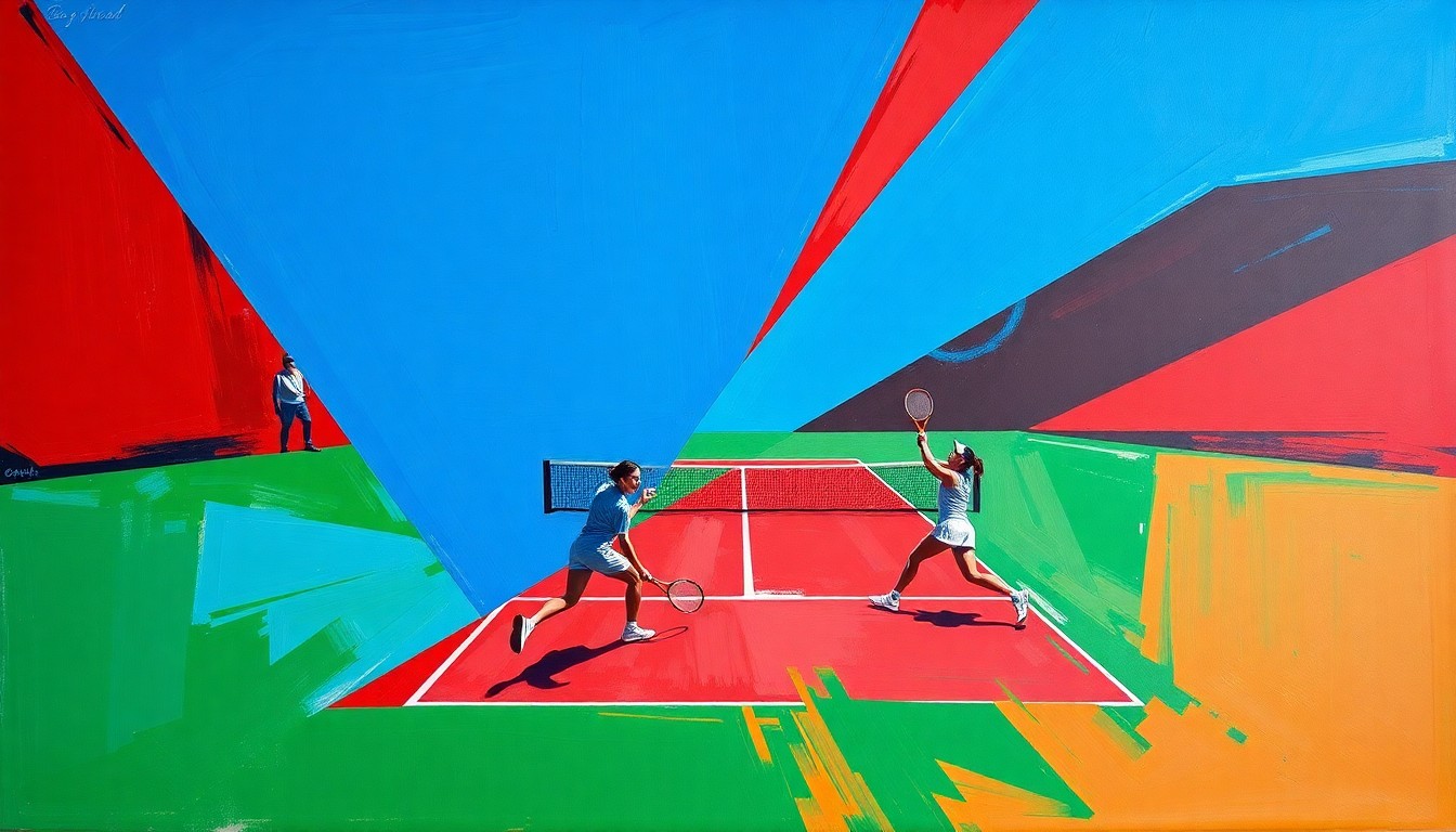 A cubist, geometric painting depicting the dynamic movement and energy of a tennis match between Iga Świątek and Mirra Andreeva, with sharp, overlapping planes of vibrant colors.