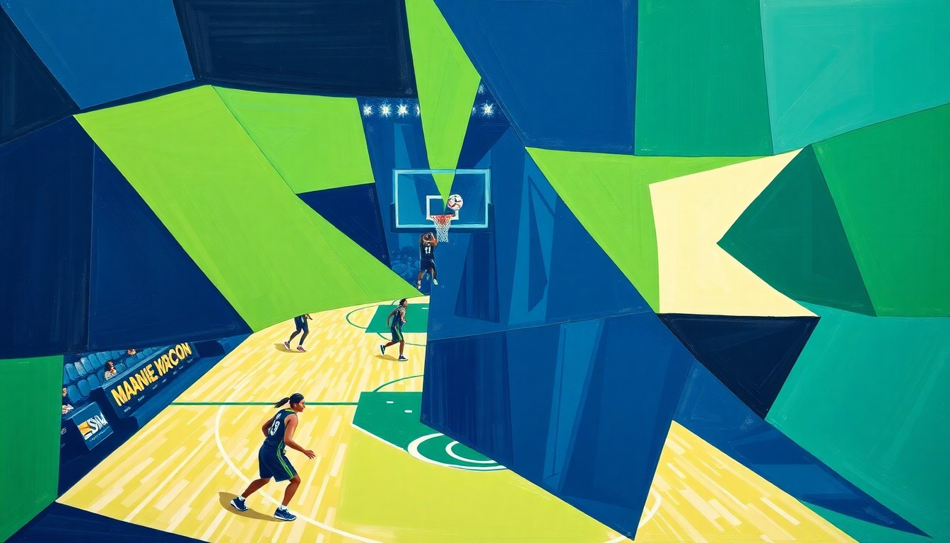 A cubist, geometric painting depicting a WNBA basketball game or match, with sharp, overlapping planes of navy blue, green, and white representing the dynamic action and energy of the sport.