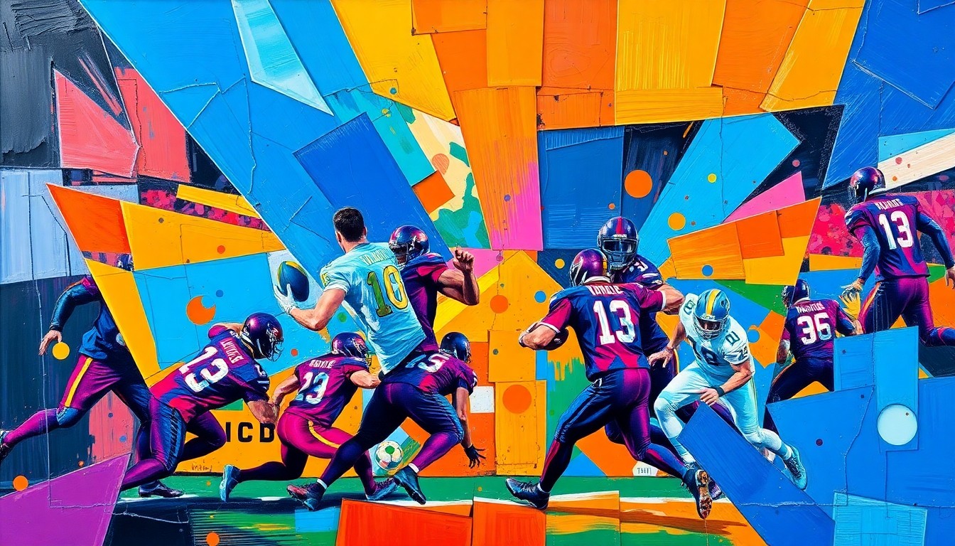 A fragmented, cubist-style painting depicting football players and equipment in a dynamic, geometric composition using bold, contrasting colors.