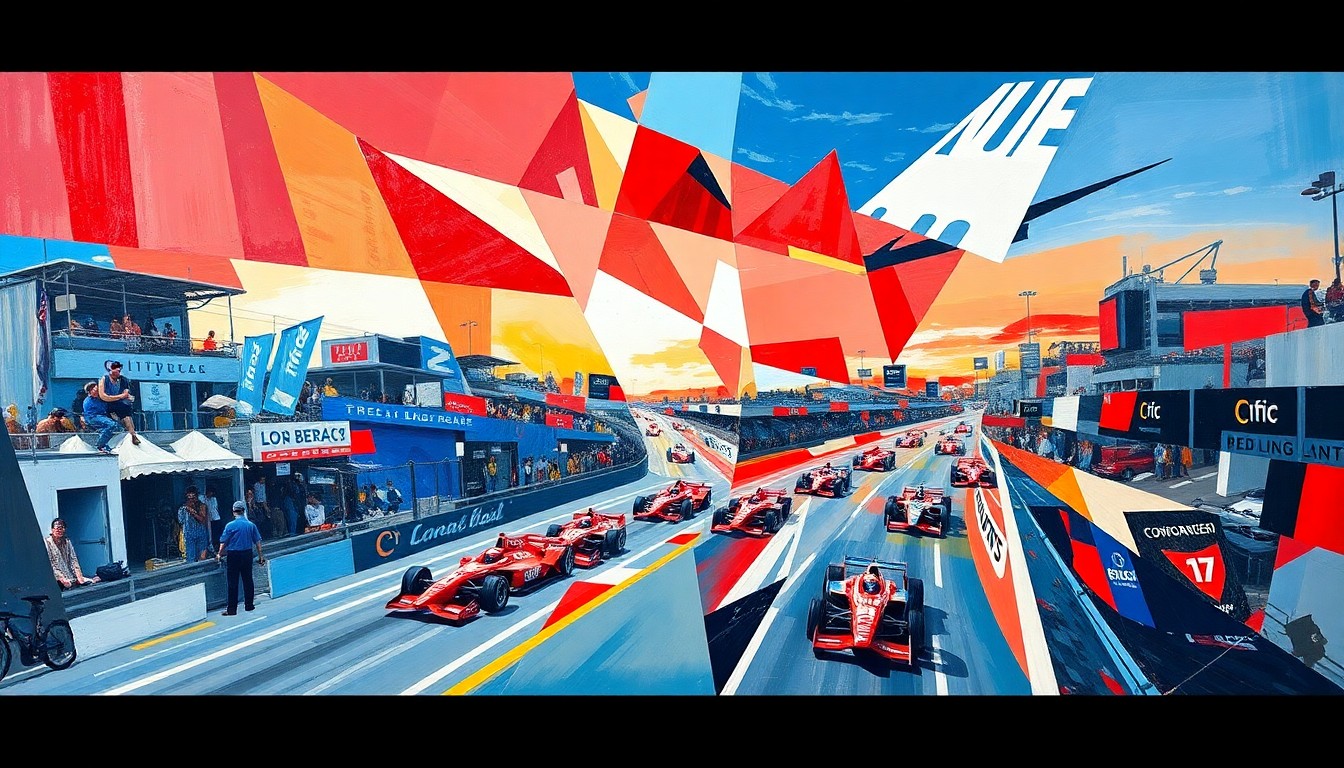 A fractured, multi-perspective painting featuring sharp, overlapping geometric planes in vibrant red, white, and blue colors, conceptually representing the high-speed action and energy of an INDYCAR race on the streets of Long Beach.