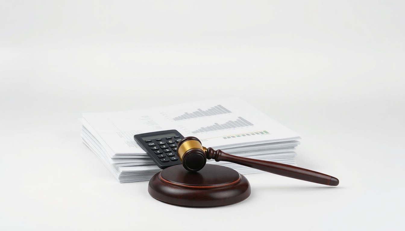 A photorealistic studio still-life image featuring a stack of financial documents, a calculator, and a gavel arranged on a clean, monochromatic background, conceptually representing the corporate restructuring and financial challenges faced by the QVC Group.