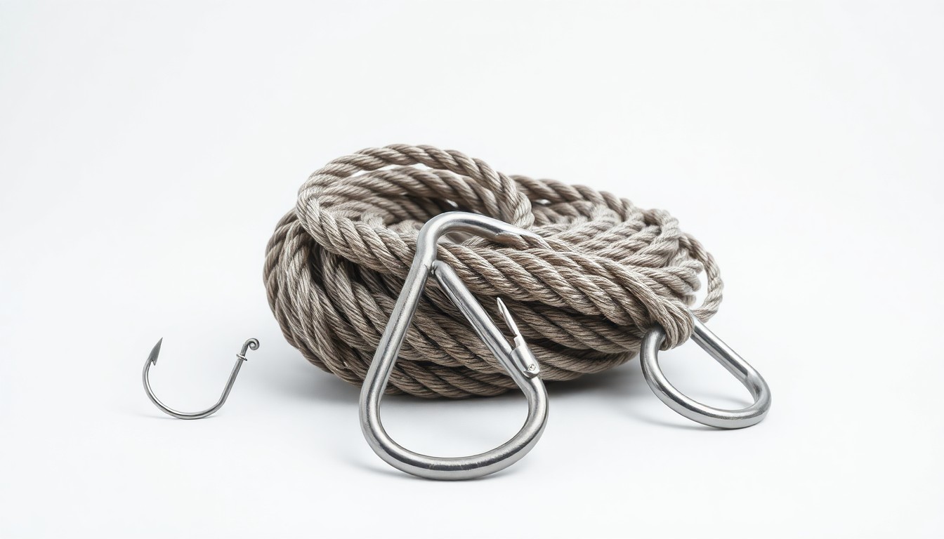 A high-end, photorealistic studio still-life photograph featuring a polished stainless steel fishing hook, a coil of nautical rope, and a gleaming metal carabiner, conceptually representing the tools and equipment of the commercial fishing industry.
