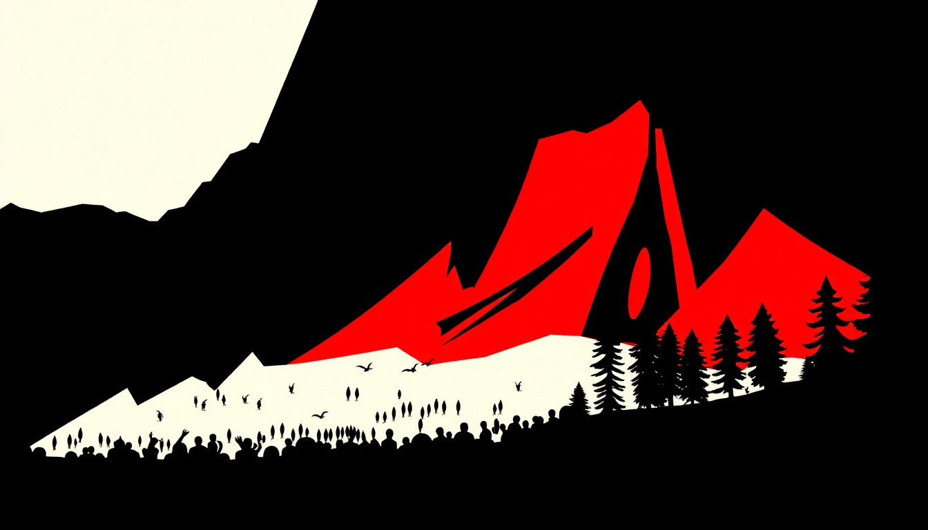 A minimalist, abstract illustration featuring stark black silhouettes of geometric shapes and forms, representing the conflicting interests of a music festival and a protected natural landscape.