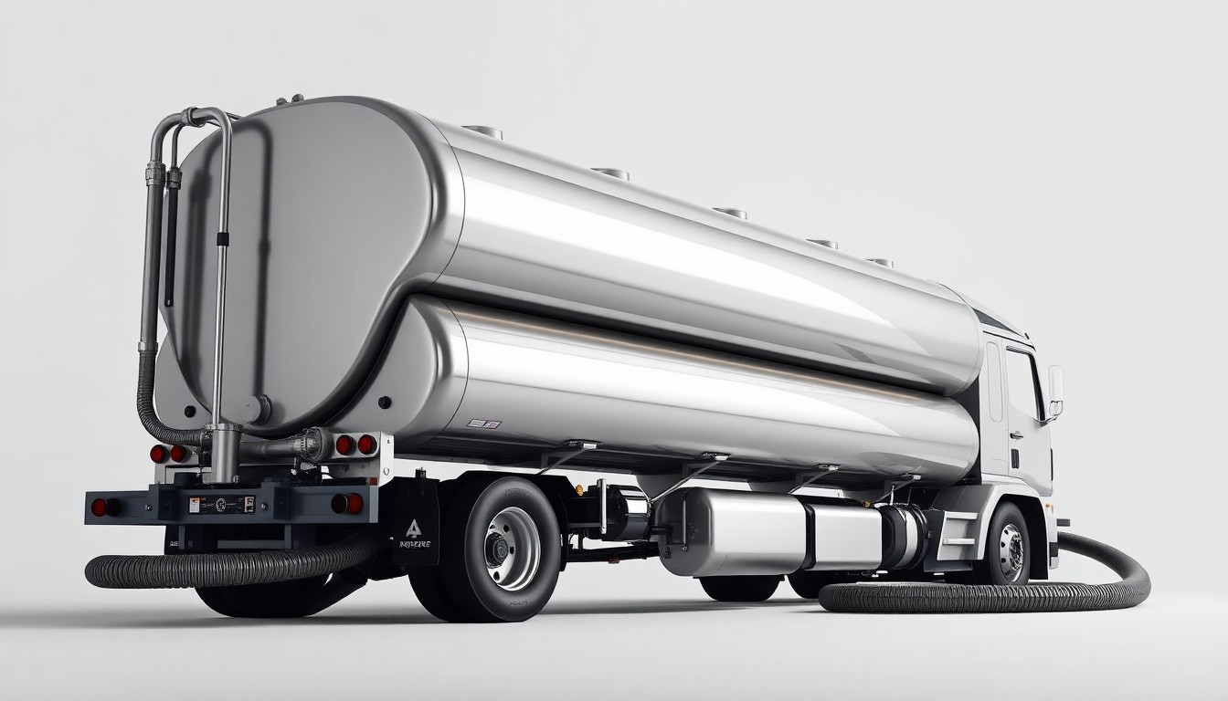A photorealistic studio still-life photograph featuring a stack of shiny, metallic fuel tanks and hoses arranged elegantly on a clean, monochromatic background, conceptually representing the premium, high-tech nature of the tank truck transportation industry.