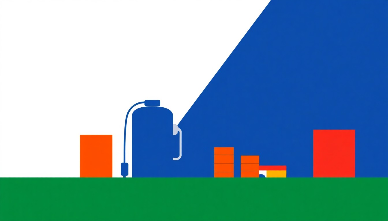 A geometric abstract illustration featuring bold shapes in shades of blue, red, and yellow, conceptually representing the supply and demand pressures in the Midwest refined fuels market.
