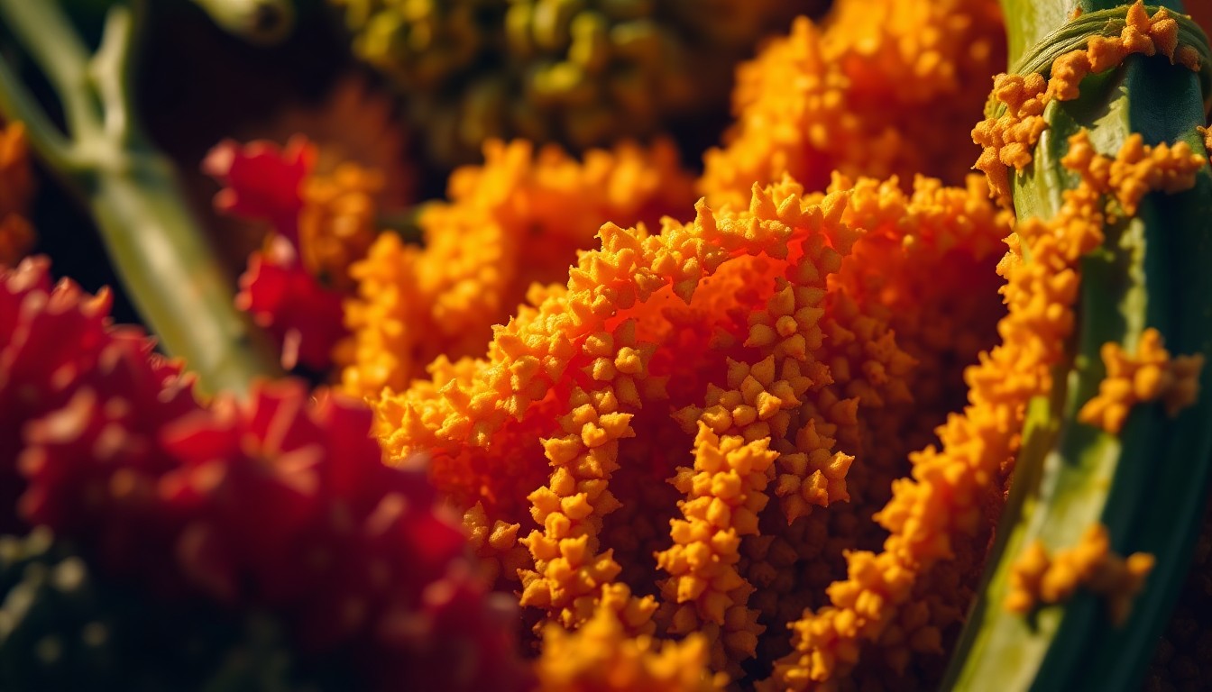 An extreme close-up of lush, textured organic produce in deep greens, golds, and reds, captured with dramatic studio lighting to create a glamorous, high-fashion aesthetic, conceptually representing the celebratory energy of a community milestone.