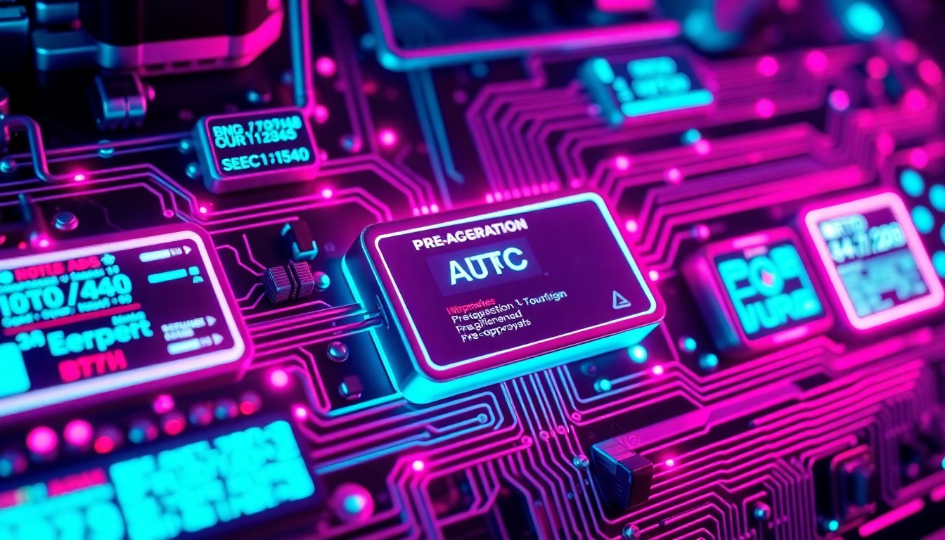 A highly detailed, glowing 3D macro illustration of interconnected hardware components and data flows, conceptually representing an AI-powered mortgage pre-qualification system that bridges real estate and lending technologies.