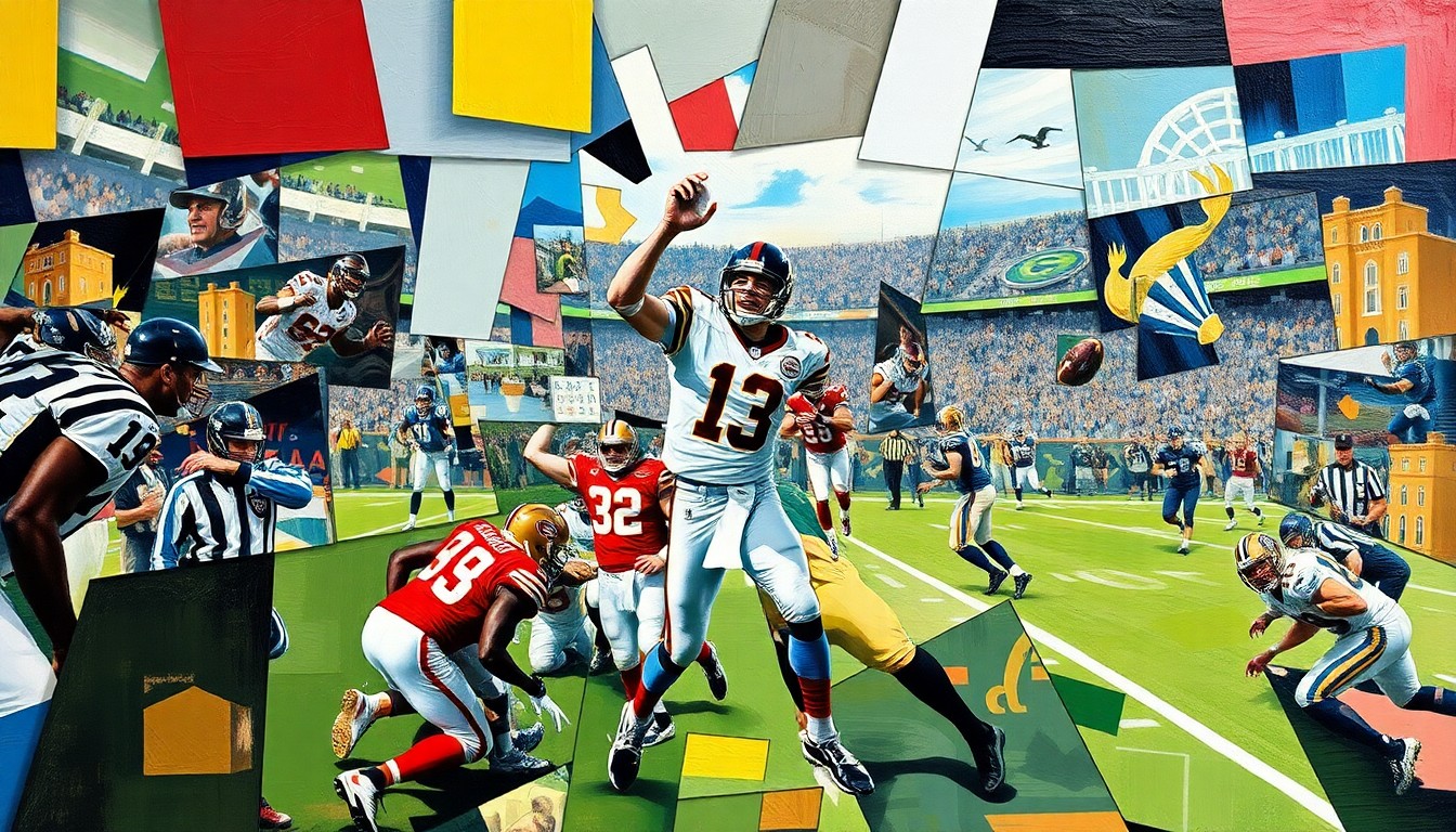 A fragmented, geometric painting depicting a football player in motion, their features and surroundings broken down into sharp, angular shapes and planes of color.