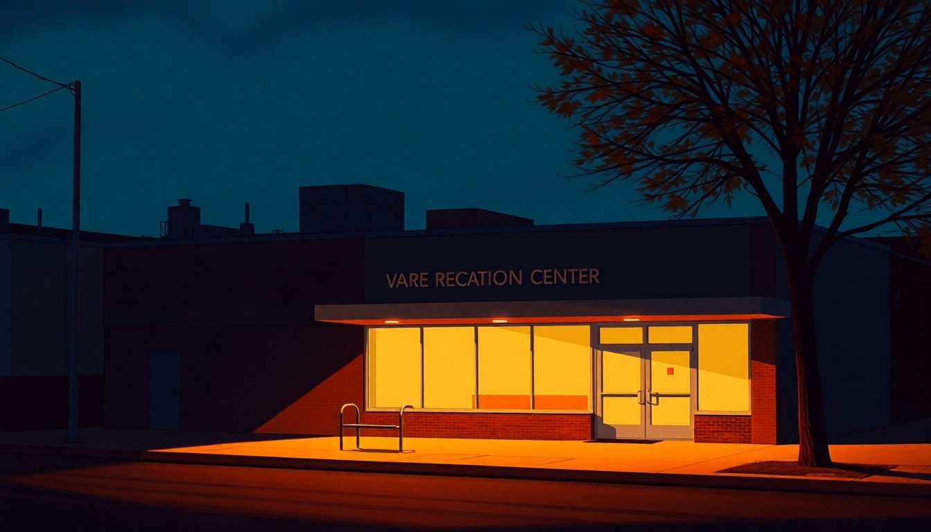 A nostalgic, cinematic painting of the exterior of a community recreation center in South Philadelphia, with the building bathed in warm, diagonal sunlight and deep shadows, conceptually representing the mayor's budget town hall event and the nuanced political realities of local governance.