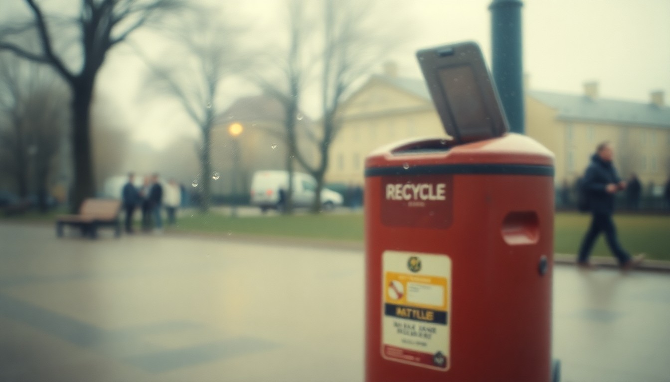 An abstract, dreamy photograph of a blurred recycling bin in a park setting, with soft, warm-toned colors and a sense of atmospheric haze, conceptually representing the difficulties of urban recycling programs.