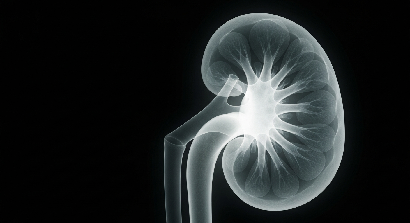 A translucent X-ray photograph revealing the intricate internal structure of a human kidney, glowing against a dark background and symbolizing the fragility and strength of the organ that sustained a teenager's life during her health battle.