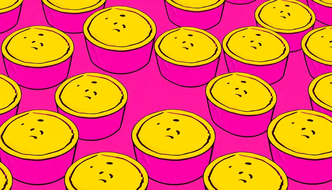 A brightly colored, high-contrast silkscreen print of a single chicken pot pie repeated in a tight grid pattern, utilizing flat, unnatural neon colors and heavy black outlines to capture the classic dish in a modern pop art style.