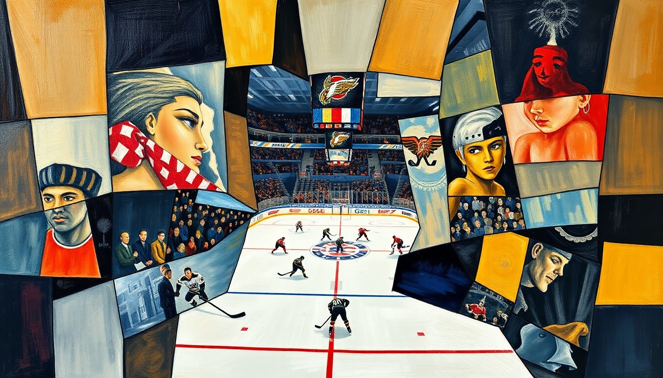 A fractured, cubist-style painting depicting the action of a hockey game, with the players and ice surface broken down into sharp, overlapping geometric shapes and planes in vibrant colors representing the Bismarck Bobcats and Aberdeen Wings.