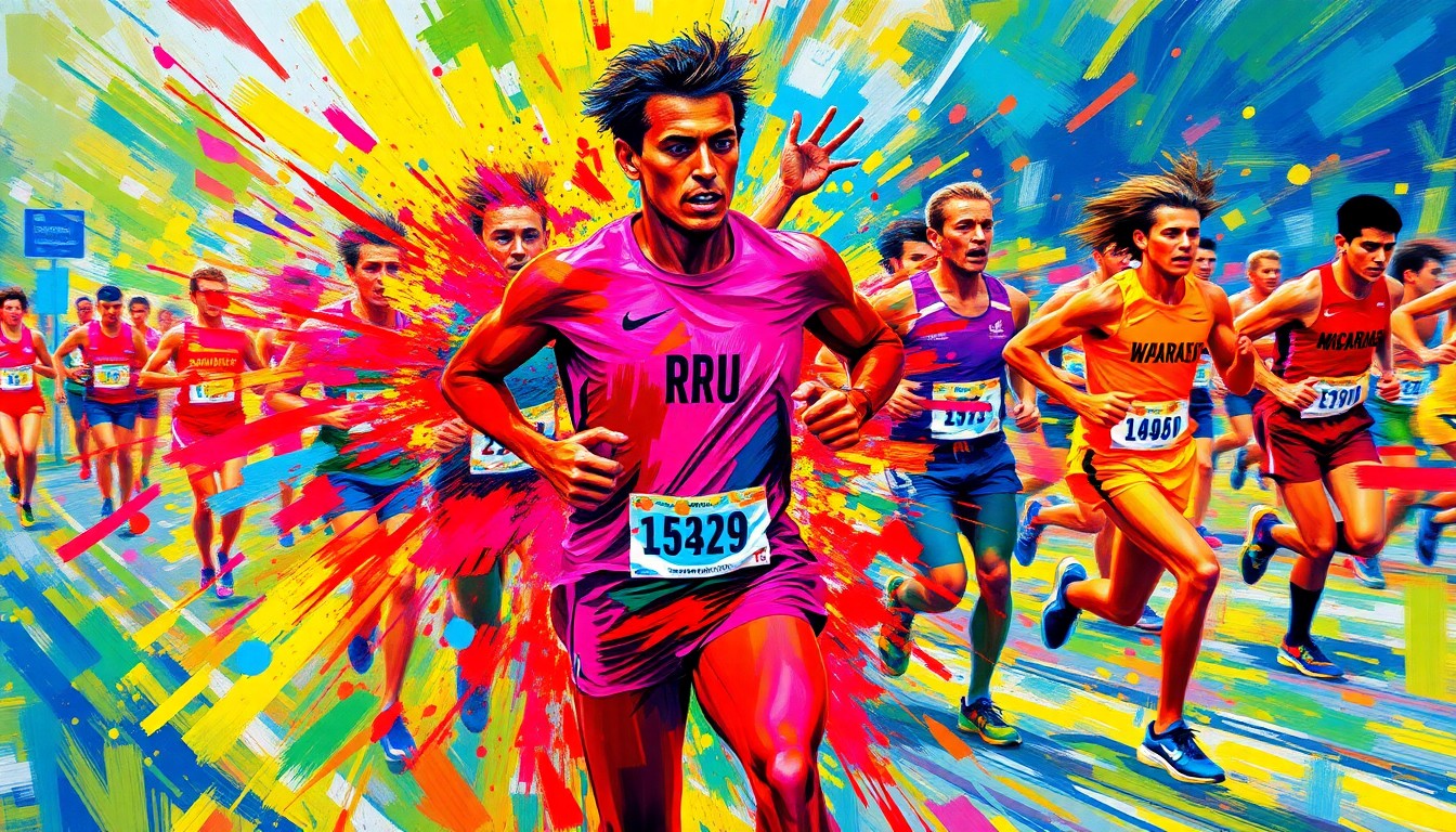 An abstract, expressionist painting in vibrant neon colors depicting the dynamic motion and energy of a marathon runner, with the runner's face and body dissolved into unrecognizable splatters of paint, capturing the raw athleticism and challenge of the race.
