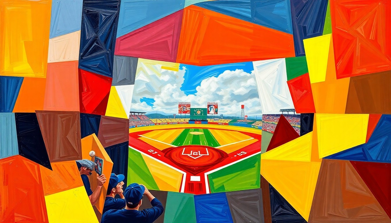 A cubist, geometric painting featuring overlapping planes of bright colors representing a college softball game, conceptually illustrating the dynamic energy of the sport.