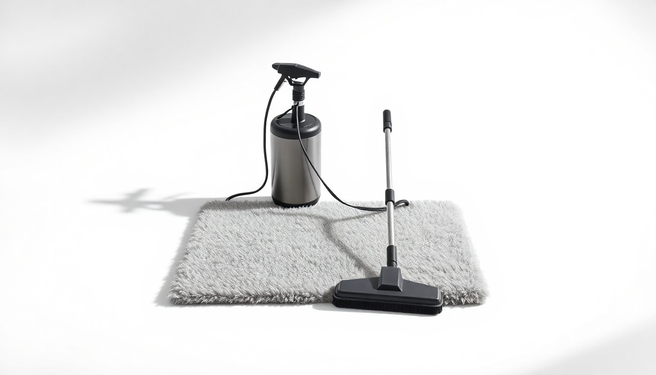 A minimalist studio still life photograph featuring a plush carpet sample and premium cleaning tools arranged elegantly on a solid white background, conceptually representing the high-quality cleaning services offered by Supernova Clean.