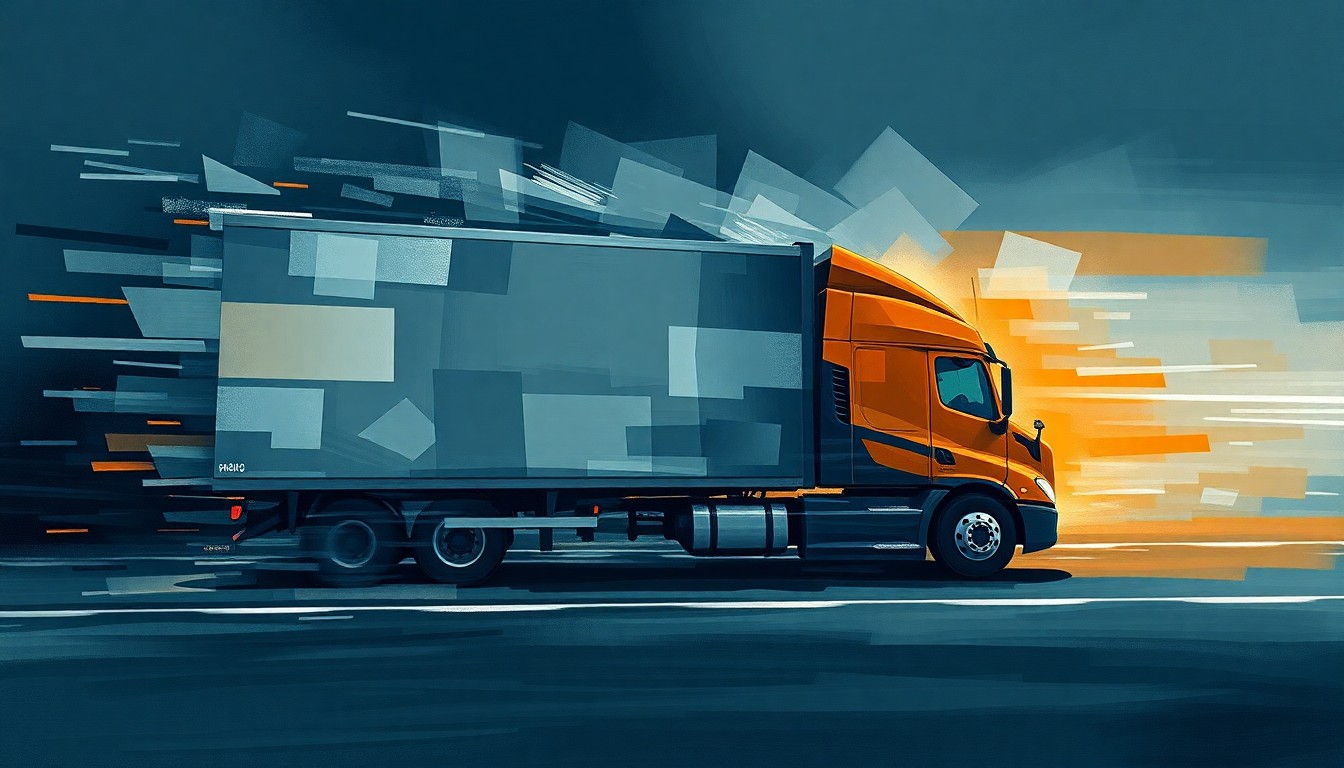 An abstract, fragmented painting of a speeding commercial truck in muted, angular brushstrokes, conveying a sense of urgency and complexity around transportation policies.