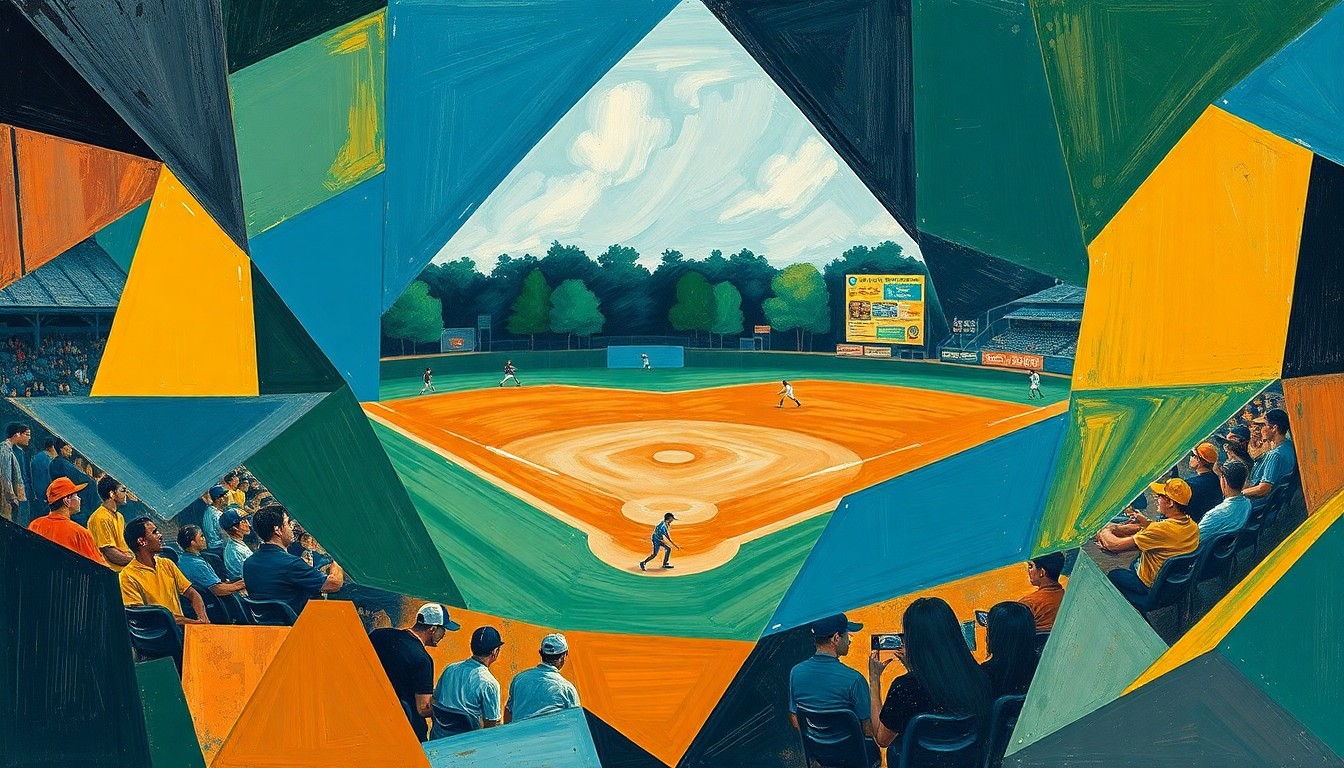 A fragmented, geometric painting depicting the motion and energy of a high school baseball game, with overlapping planes of navy, green, and ochre colors.