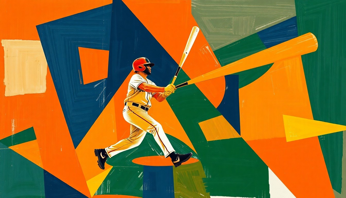 A vibrant, cubist-style painting depicting the chaotic, overlapping movements of a baseball game-winning hit, with sharp geometric shapes in bright colors representing the dynamic action on the field.