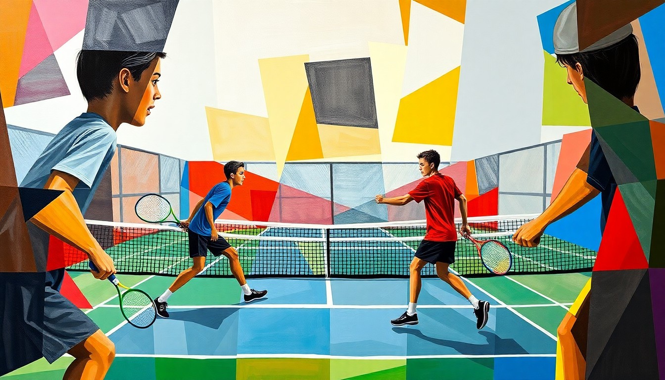 A cubist, geometric painting depicting a high school tennis match, with the players' forms abstracted into colorful, angular shapes and the court and net creating a dynamic, fragmented composition.
