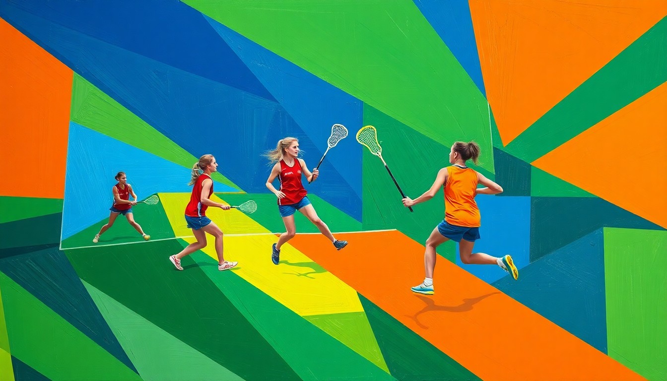 A cubist, geometric painting depicting a girls lacrosse game, with overlapping planes of green, blue, and orange representing the dynamic action on the field.