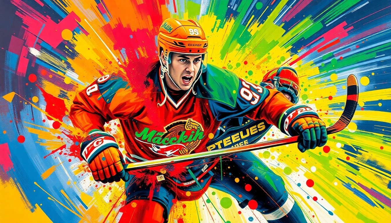 An abstract, energetic painting featuring bold, neon-colored brushstrokes that capture the dynamic movement and raw athleticism of a hockey player, conceptually representing Macklin Celebrini's historic season with the San Jose Sharks.