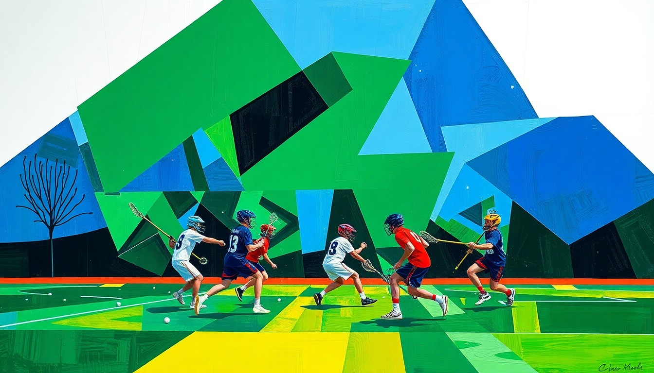 A cubist, geometric painting depicting the dynamic action of a boys lacrosse game, with players and the ball fractured into overlapping planes of deep green, royal blue, and bright white.