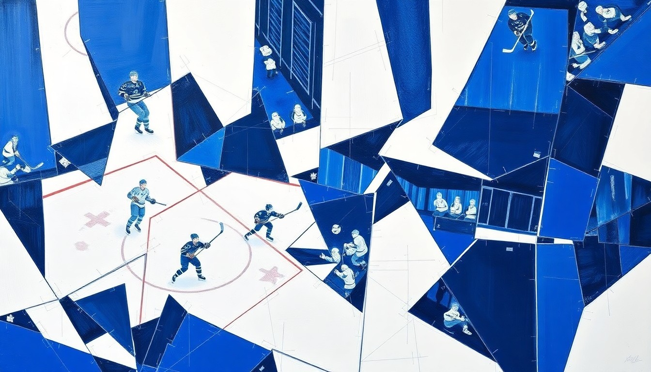 A fractured, geometric painting depicting a hockey game or match, with sharp, overlapping planes of navy blue, royal blue, and white, conveying the energy and intensity of the Sabres' playoff push.