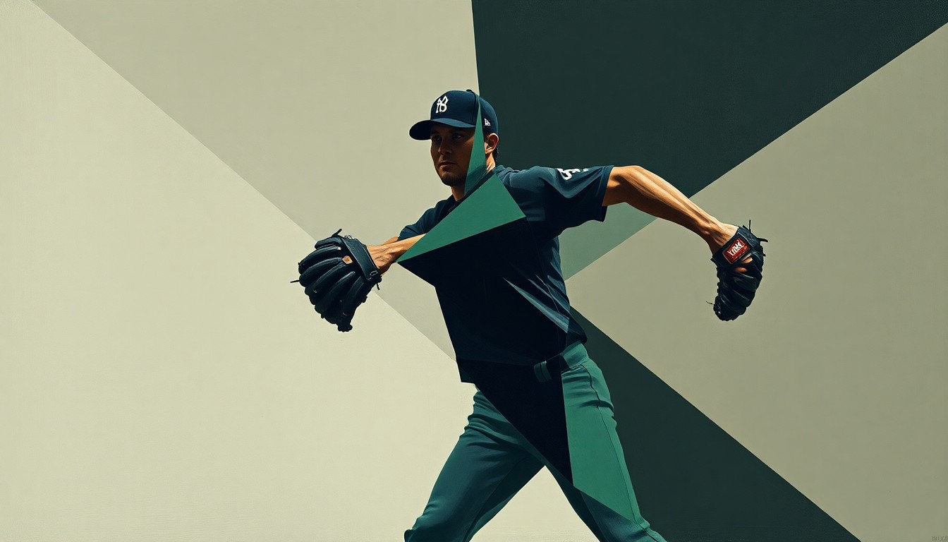 A cubist, geometric painting depicting the fragmented motion of a baseball pitcher's delivery, with sharp planes of navy, green, and grey overlapping to create a dynamic, abstract representation of the sport.