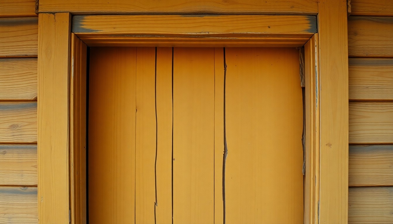An abstract, high-contrast close-up photograph of a weathered, wooden door frame in warm, earthy tones, conveying the modest, vintage aesthetic of the 1960s Illinois home where a young George Harrison once stayed.