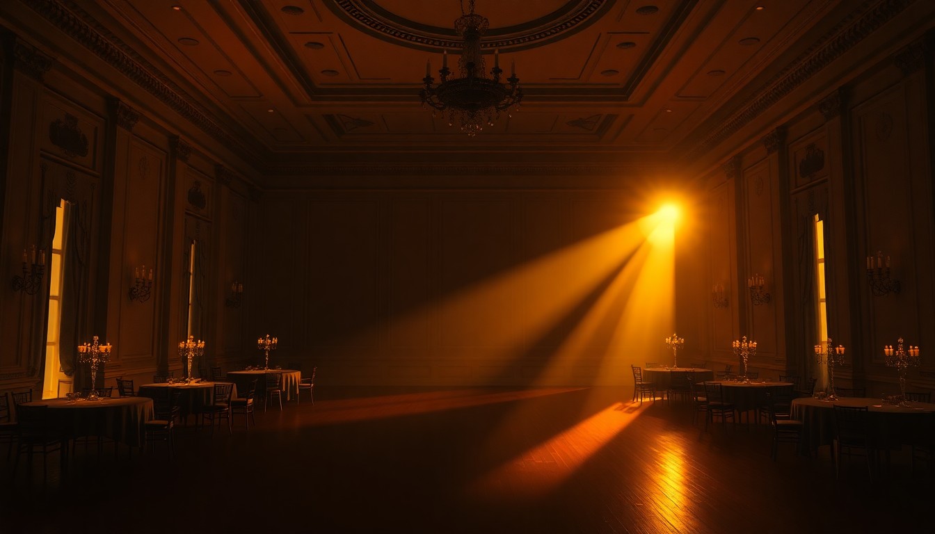 A softly lit, cinematic painting of an empty, shadowy White House ballroom, conveying a sense of quiet contemplation and unresolved conflict.