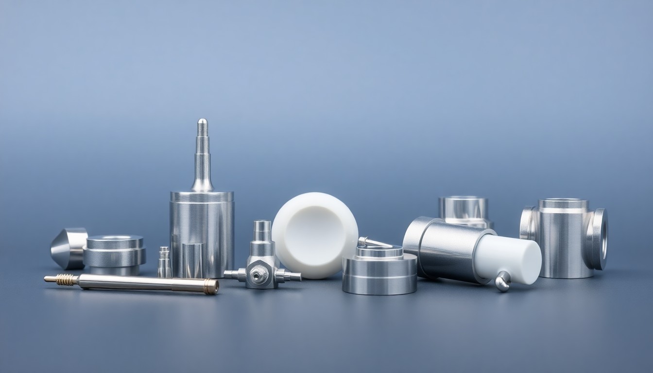 A minimalist, high-end studio photograph featuring a collection of polished, geometric medical device components in shades of silver, white, and blue against a clean, monochromatic background, conceptually representing the quality standards in healthcare manufacturing.