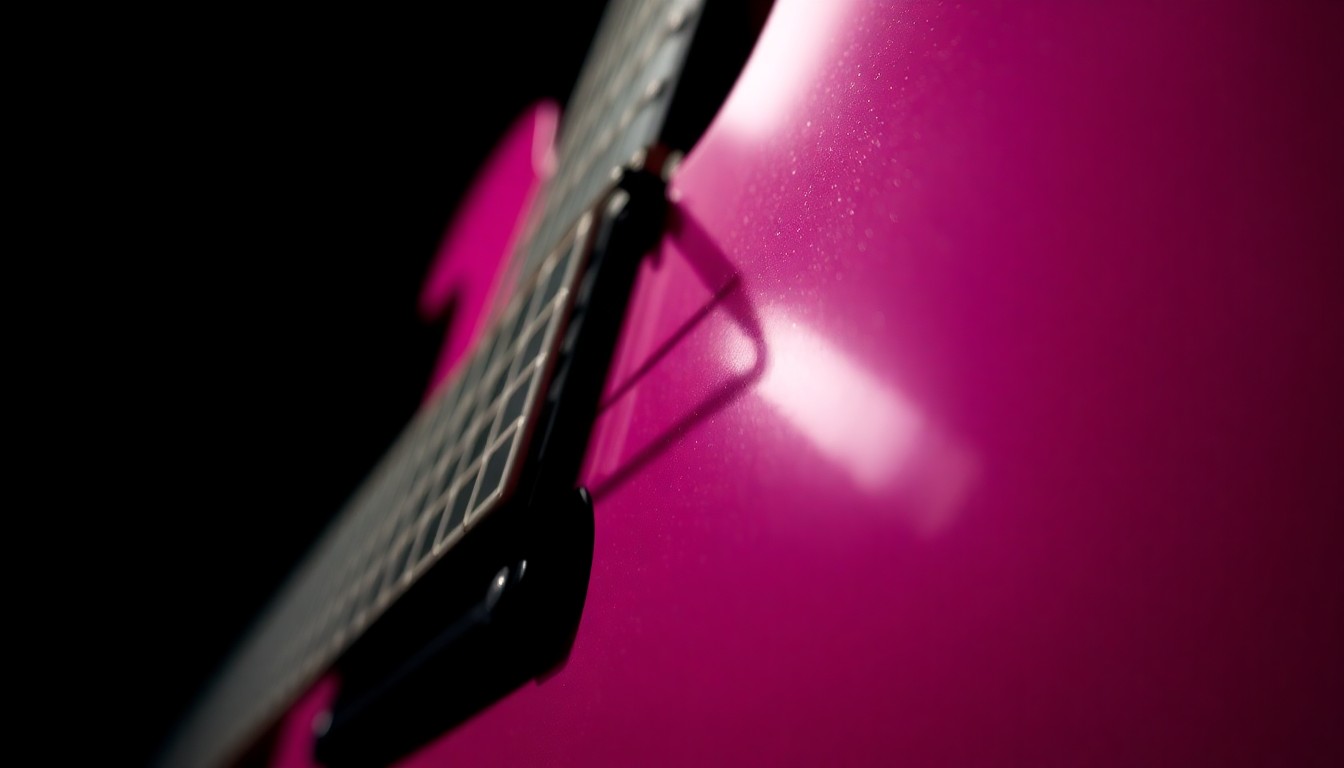 An extreme close-up photograph of a pink electric guitar, its surface reflecting dramatic studio lighting and capturing the intricate textures of the instrument in a high-fashion, conceptual manner.