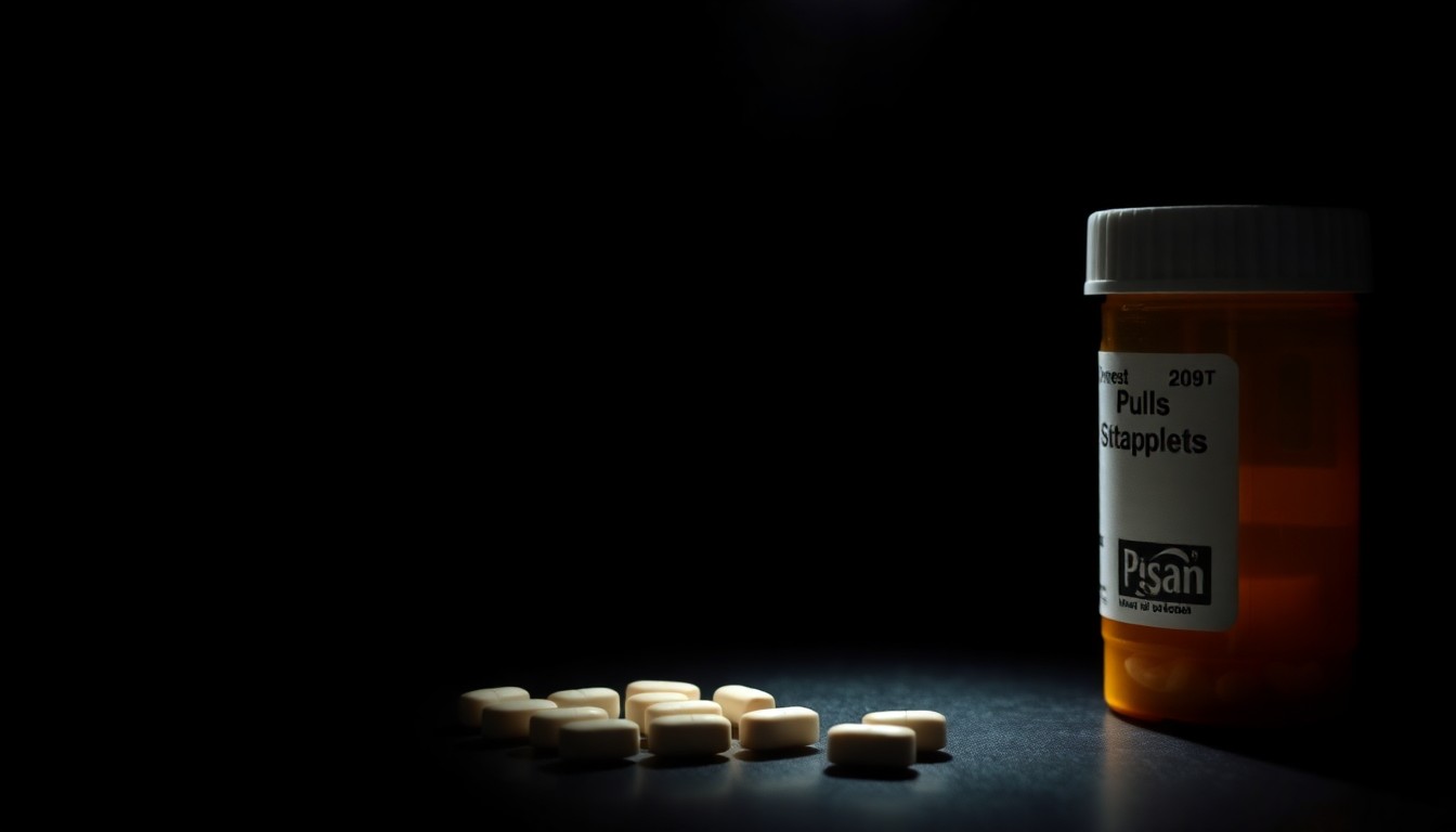 An extreme close-up photograph of a prescription pill bottle with a harsh, direct camera flash, creating a stark, gritty, investigative aesthetic without any text or identifying details.