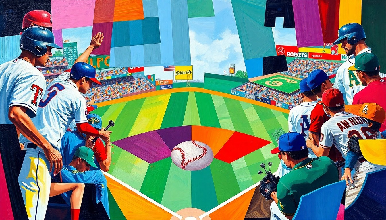 A cubist, geometric painting depicting a baseball game in progress, with the players and field fragmented into sharp, overlapping planes of bright orange, blue, and green colors representing the Texas Rangers and Oakland Athletics uniforms.