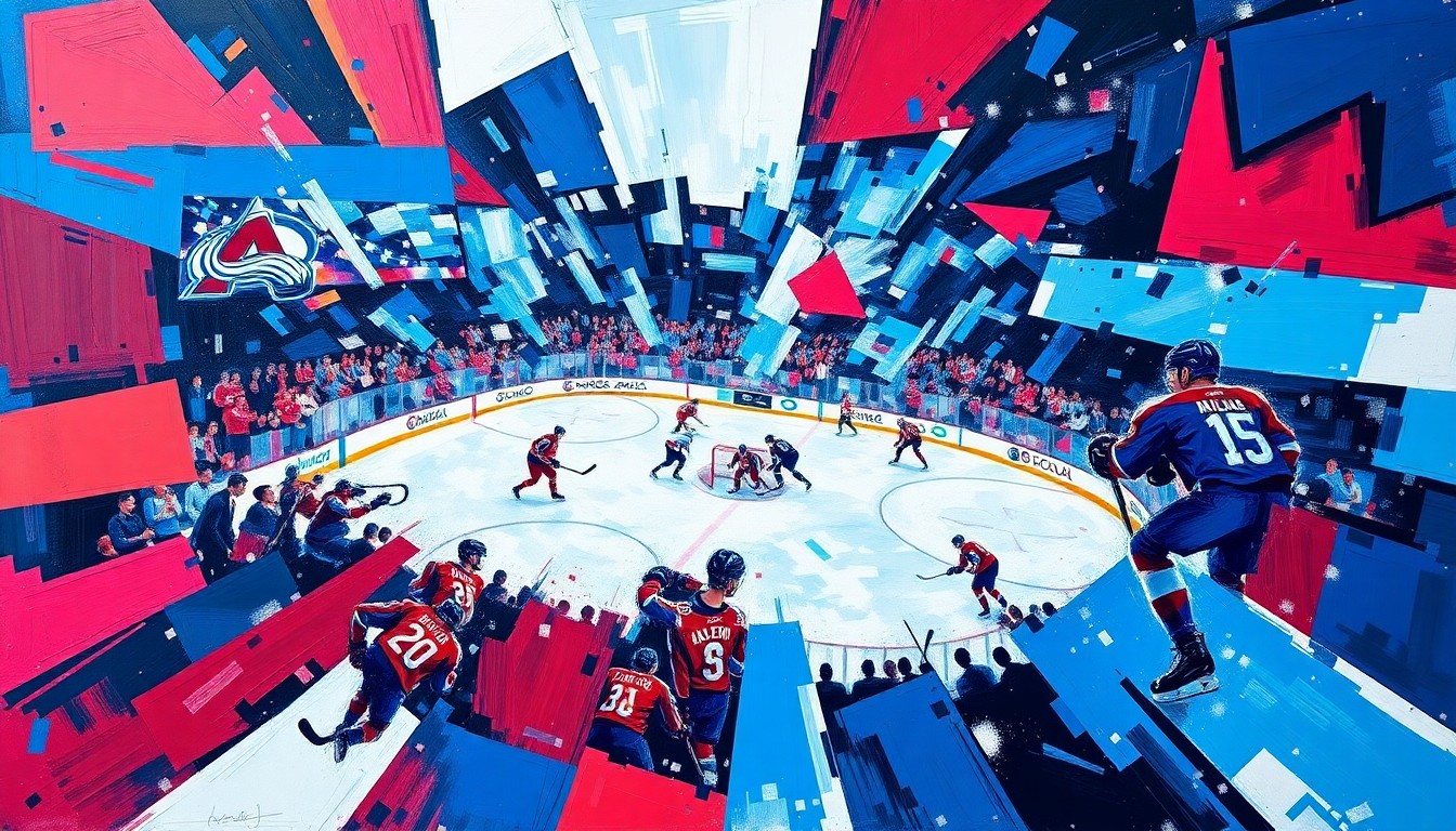 A fractured, cubist-style painting depicting the intense action and energy of a hockey game between the Colorado Avalanche and Los Angeles Kings, with sharp geometric shapes and planes of vibrant colors representing the players, the puck, and the fast-paced movement of the game.