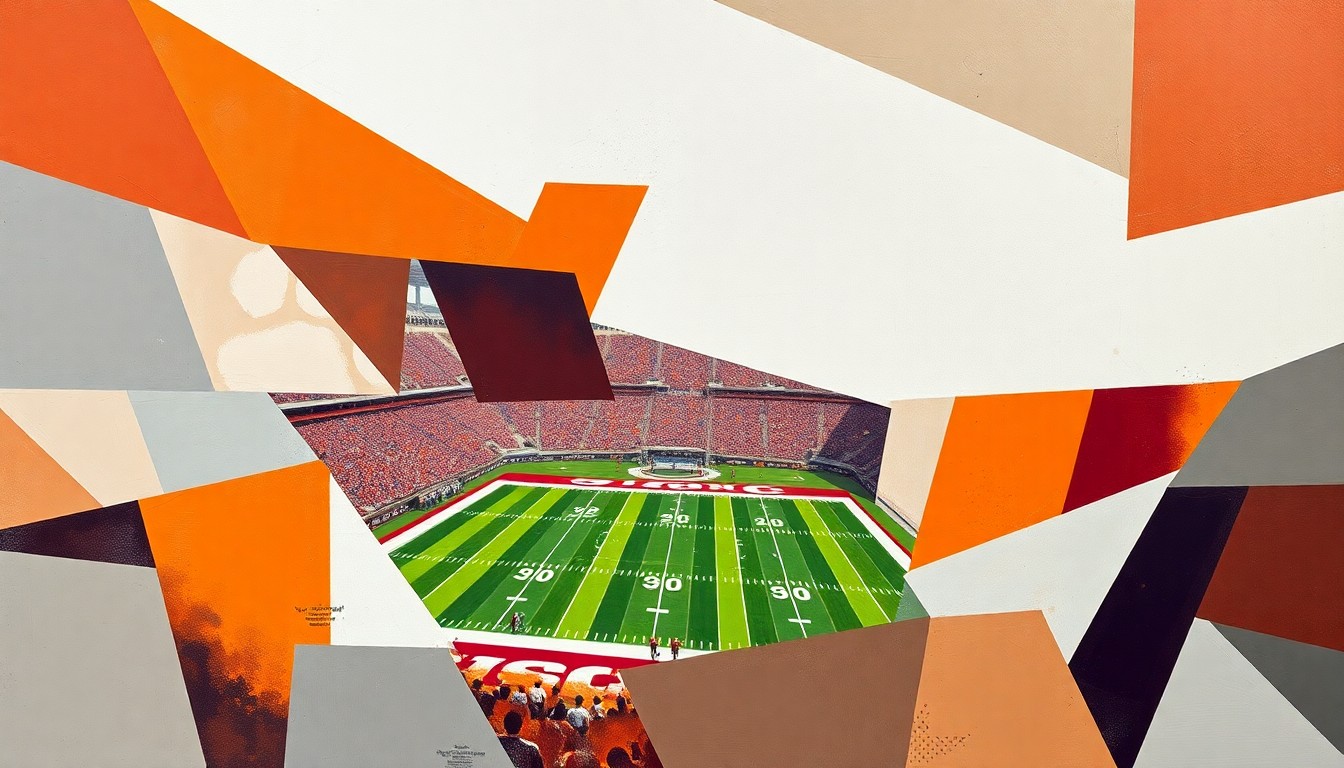 A cubist, geometric painting depicting fragmented, overlapping shapes and planes in shades of orange, garnet, and grey, conceptually representing the diverse talents and backgrounds of the South Carolina Football Hall of Fame's 2025 inductees.