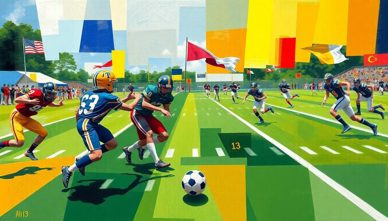 A fractured, multi-perspective painting in bold, geometric shapes and colors representing the intense action of a flag football game, with players, the ball, and the field rendered in an abstract, cubist style.