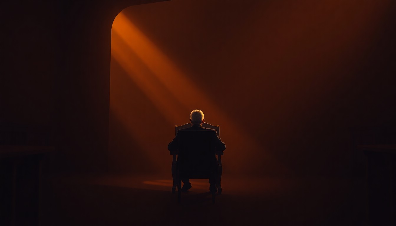 A cinematic painting of a solitary figure seated alone in a dimly lit room, the subject's face obscured in shadow while warm, diagonal sunlight bathes the scene, creating a sense of isolation and unease.