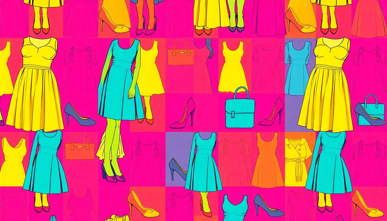 A highly stylized, pop art-inspired illustration featuring a repeating pattern of a vibrant, neon-colored fashion item such as a dress or shoe, conceptually representing the empowerment and visibility of survivors through the RISE Survivor Fashion Show.