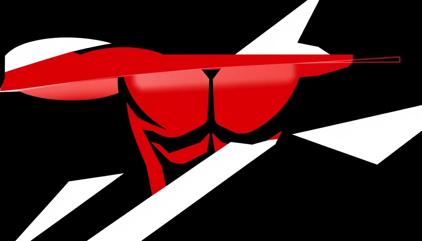 A dynamic abstract illustration featuring bold, angular shapes in red, white, and black, capturing the intense physicality and competitive spirit of the 'American Gladiators' reboot.