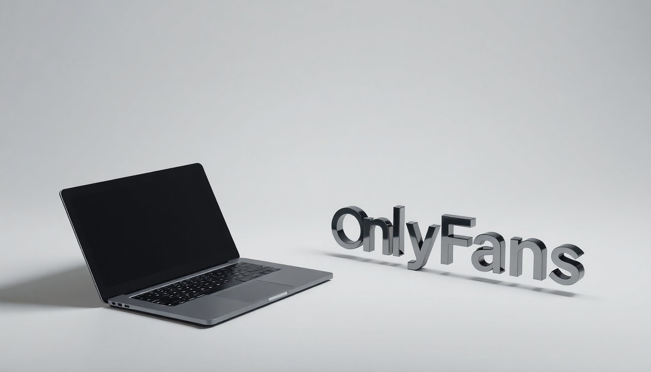 A high-end, photorealistic studio still-life photograph featuring a sleek laptop, stacks of cash, and a stylized metal sculpture representing the OnlyFans logo, all arranged elegantly on a clean, monochromatic background to symbolize the abstract concepts of corporate finance and the adult content industry.