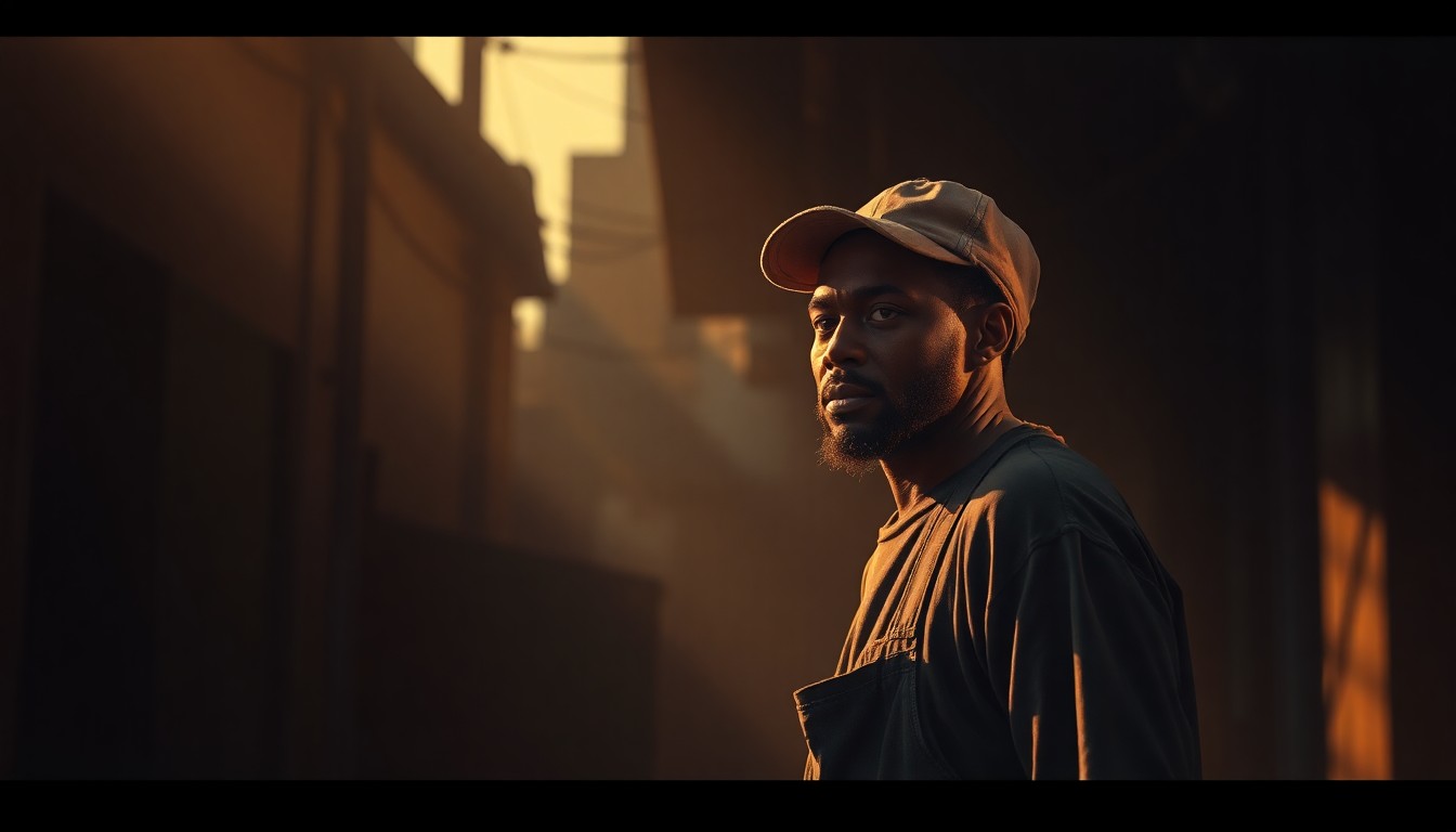 A dimly lit urban setting with a solitary Haitian immigrant worker standing in a pool of warm, diagonal sunlight, conveying the uncertainty and human stakes of the TPS debate.