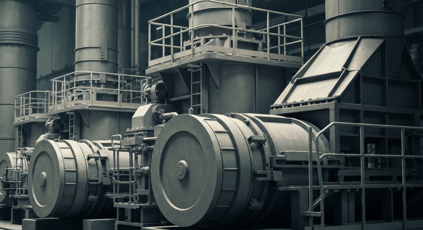 An extreme close-up of industrial aluminum smelting equipment and machinery, conveying the physical, mechanical nature of the global aluminum industry without using any text or identifiable elements.