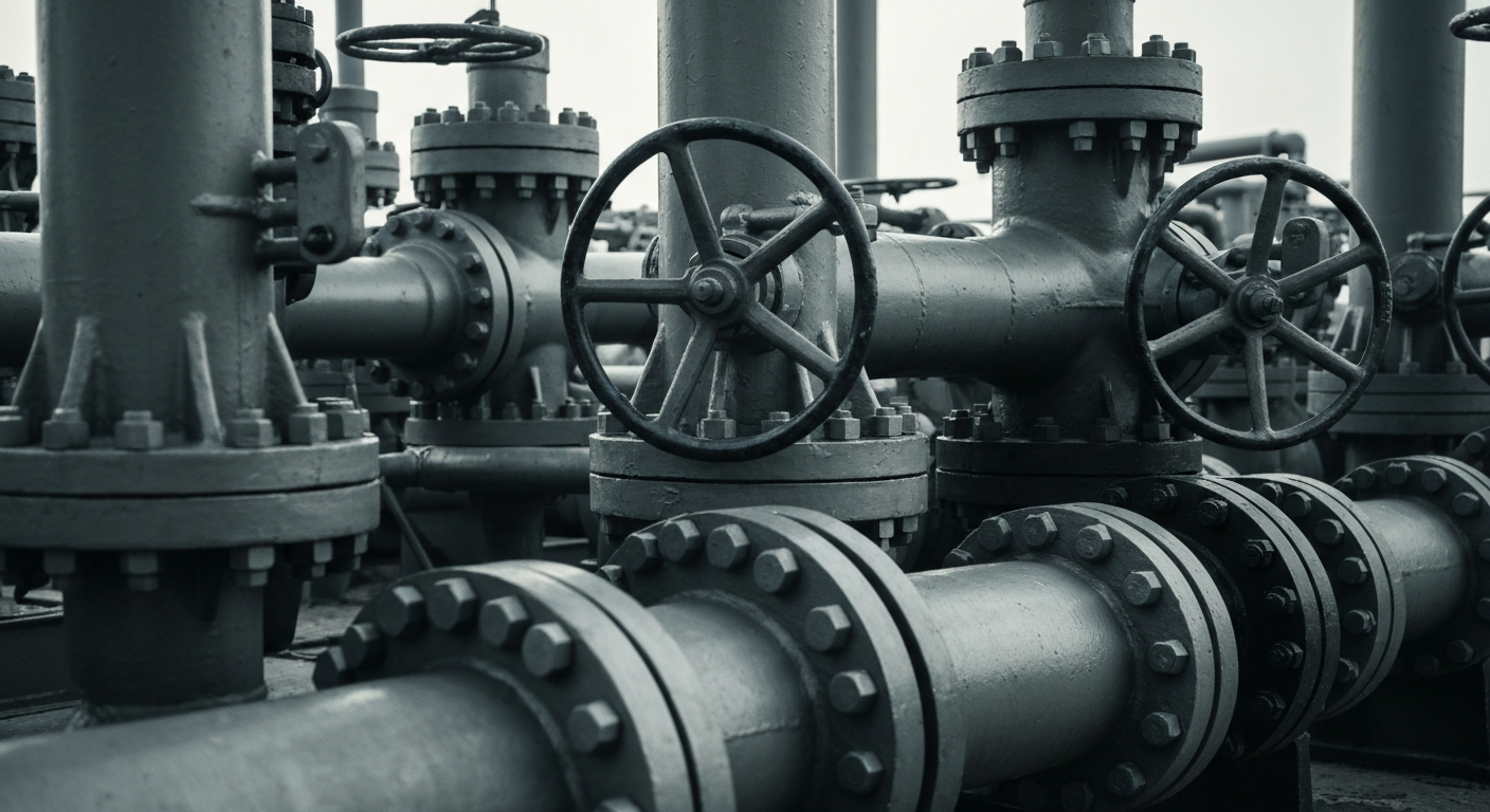 A dramatic close-up of heavy, industrial oil and gas equipment in muted tones, conveying the physical scale and infrastructure that powers the energy industry.
