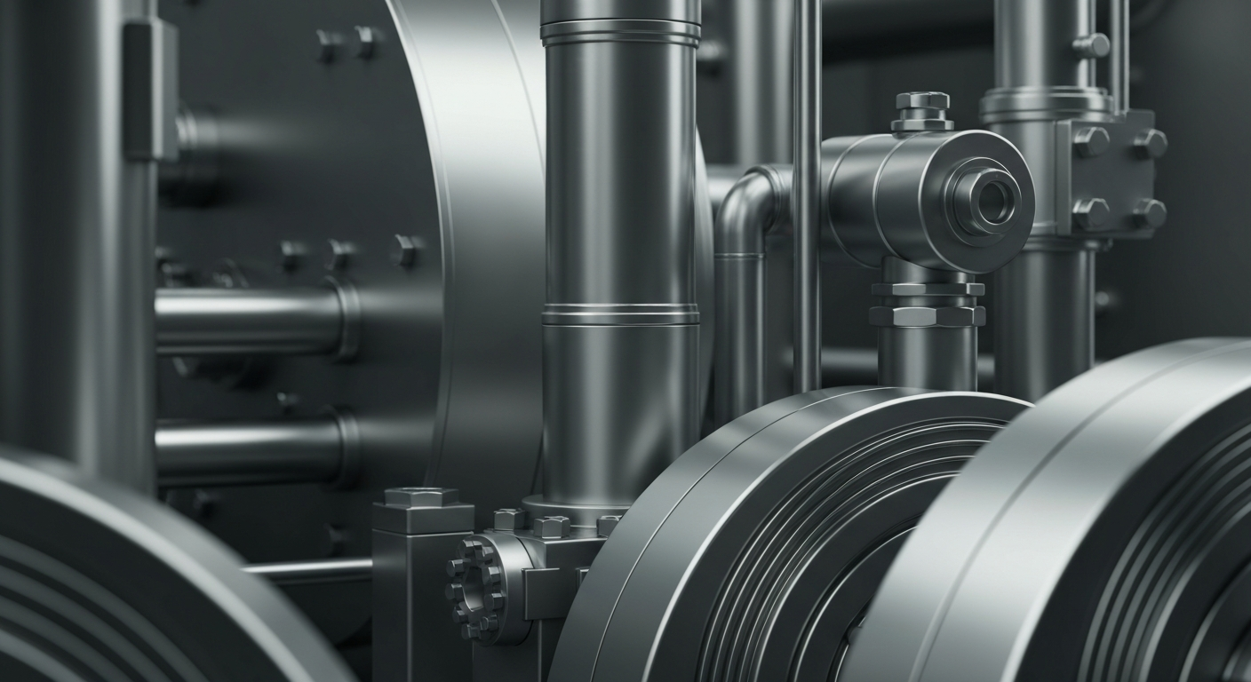 An extreme close-up of highly detailed, textured industrial machinery and equipment in muted shades of grey, conveying the secure, physical assets and financial infrastructure of a major chemical company.