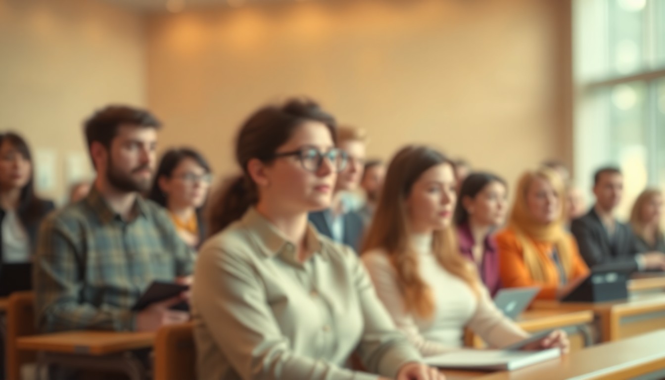 An abstract, impressionistic photograph of a university classroom scene, with blurred figures and soft, warm lighting creating a dreamlike, introspective mood.