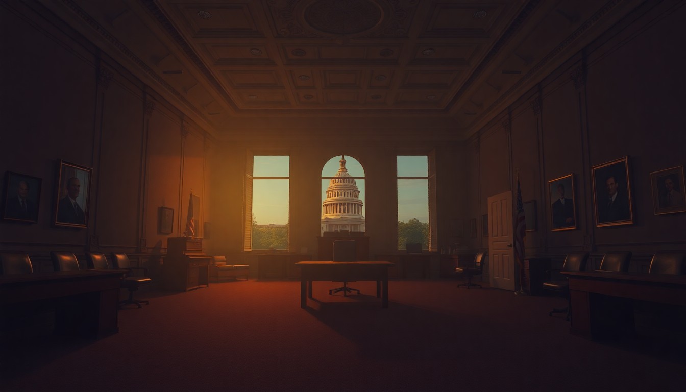 A dimly lit, empty congressional office space with warm, diagonal sunlight streaming through the windows, creating deep shadows and a melancholy, nostalgic atmosphere that evokes the isolating nature of modern political discourse.