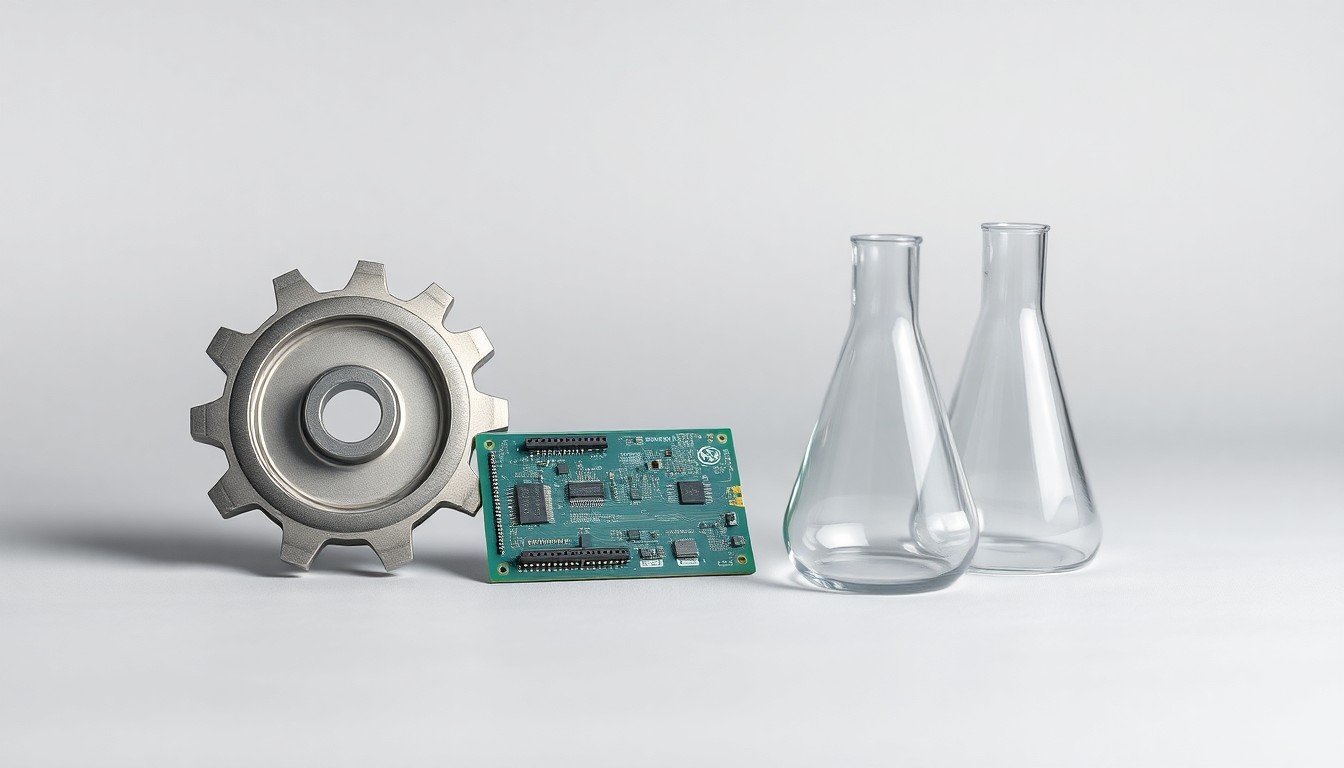 A photorealistic studio still life featuring a polished metal gear, a sleek circuit board, and a smooth glass beaker, symbolizing the operational excellence and manufacturing expertise that drives Delphon's growth.