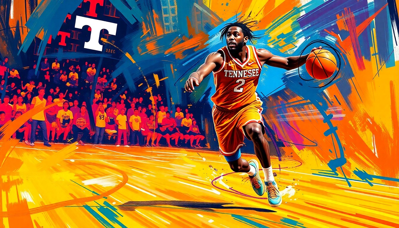 An abstract, energetic painting featuring bold brushstrokes in bright orange, blue, and white, capturing the dynamic movement and spirit of college basketball.
